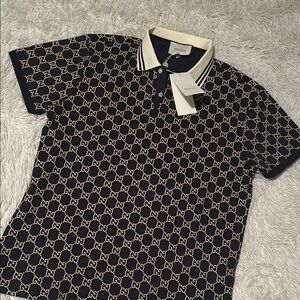 Gucci Men's Navy and Cream Polo Shirt